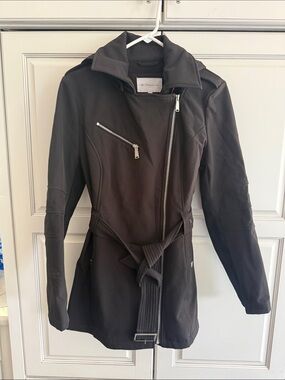 BCBGeneration Black Asymmetrical Zip Belted Trench Coat